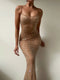 Nude Color Rhinestone Studded Party Dress