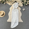 Asymmetric Slant Neckline Slit White Dress