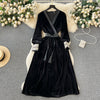 V-neck Lace-up Black Velvet Dress