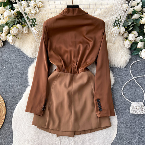 Double-breasted Waist-slimming PU Suit Dress
