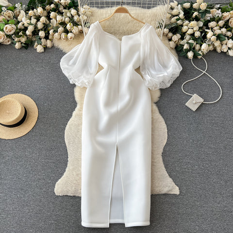 Puffy Sleeve Patchwork White Dress