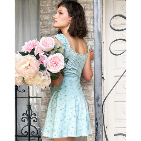 French Style Patchwork Blue Floral Dress
