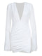 Deep V-neck Pleated White Dress
