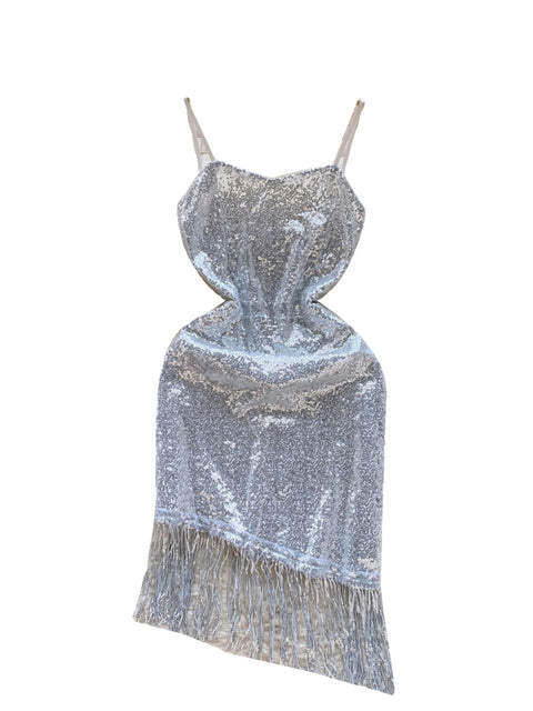 Fringed Hip-wrapping Silver Slip Dress