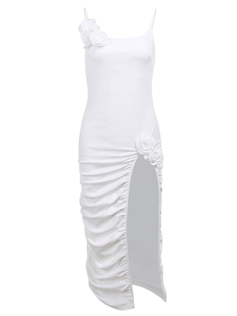 3d Floral Pleated White Slip Dress