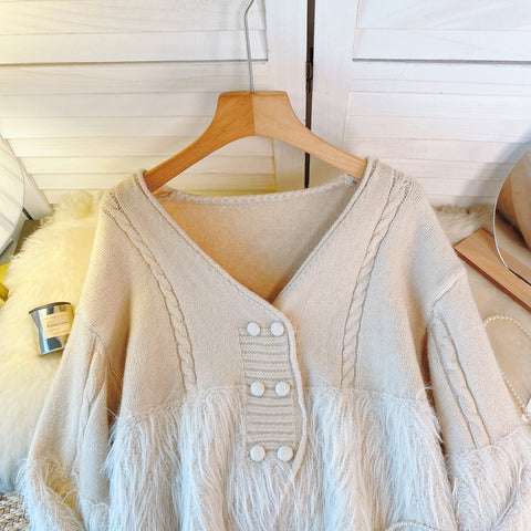 Double-breasted V-neck Fringed Thermal Cardigan