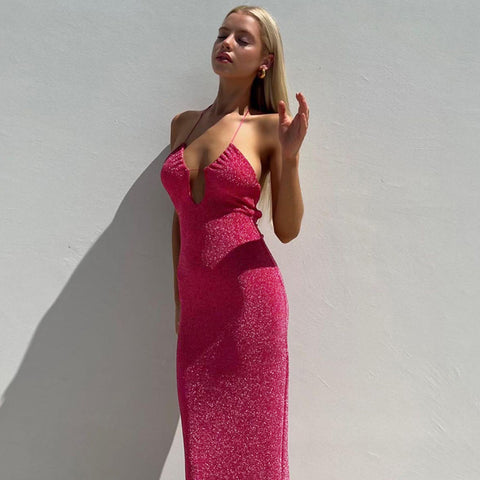 Hollowed Pink Sequined Slip Dress
