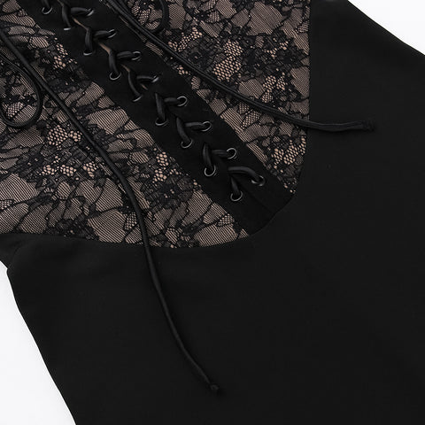 Patchwork Lace Black Slip Dress