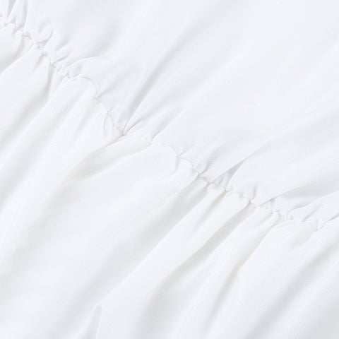 Deep V-neck Pleated White Dress