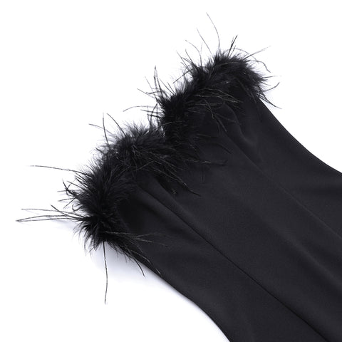 Furry Neckline Backless Black Dress