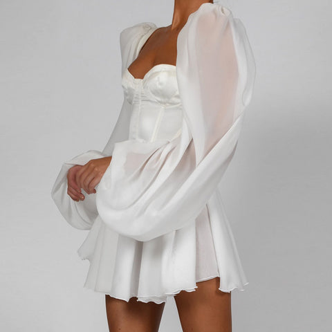 OL Flared Sleeve Pleated White Dress