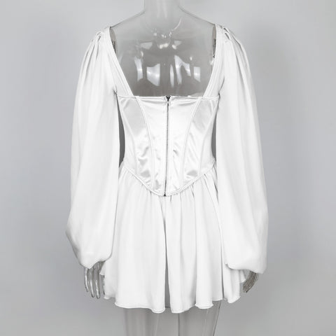 OL Flared Sleeve Pleated White Dress