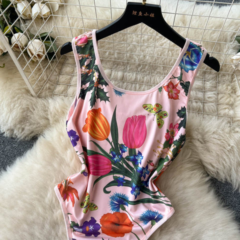 Floral Printed High-cut One-piece Jumpsuit