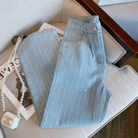 Chic Sequined Striped Straight Jeans