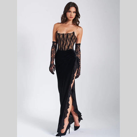Black Suede Lace Patchwork Dress