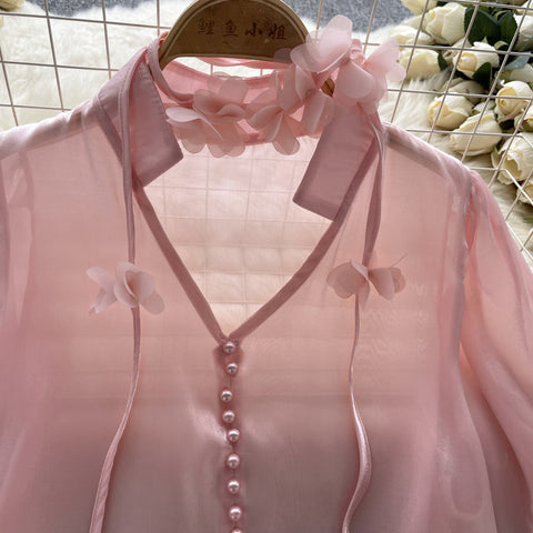 Courtly Mesh Satin Shirt with Ribbons