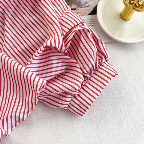 Piled Sleeve Ruffle Striped Blouse