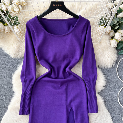 Square Collar Bodycon Split Knitted Dress