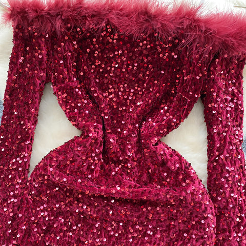 Furry Sequined Slim-fitting Party Dress