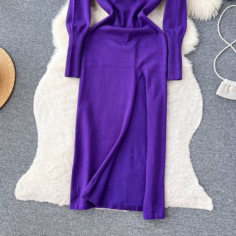 Square Collar Bodycon Split Knitted Dress