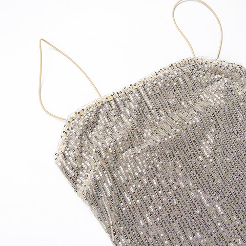 Square Collar Sequined Knitted Slip Dress