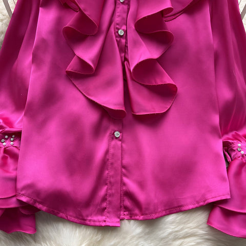 Vintage Solid Color Beaded Ruffled Shirt