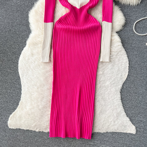 Color Blocking Polo Collar Knitted Dress