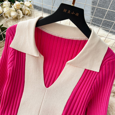 Color Blocking Polo Collar Knitted Dress