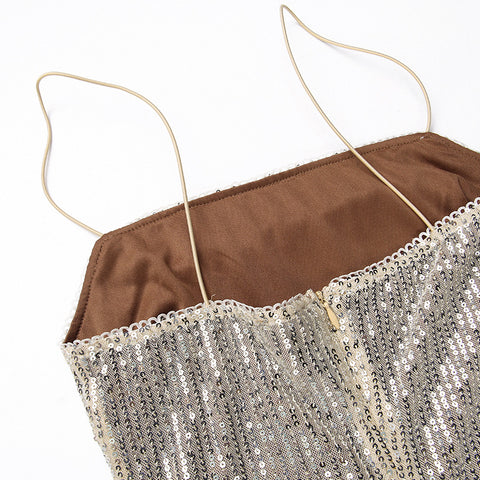 Square Collar Sequined Knitted Slip Dress