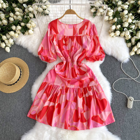 French Style Ruffled Printed Dress