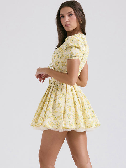 Lace-up Floral Printed Puffy Dress