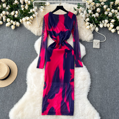 Elegant Tie-dye Mesh Slim Dress