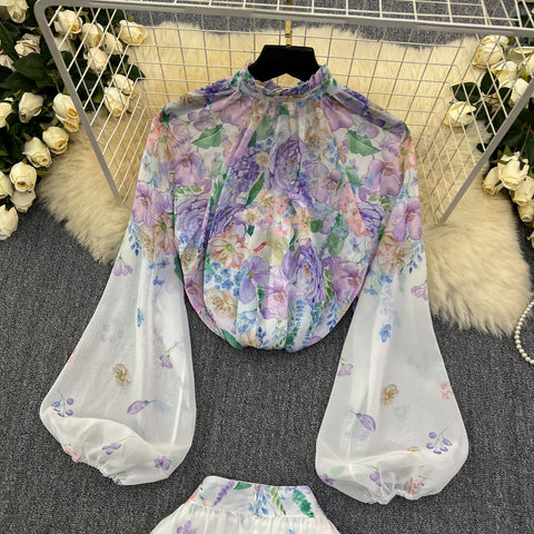 Chiffon Shirt&Half-body Skirt Floral 2Pcs