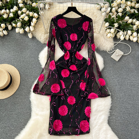 3d Floral Black Mesh Dress