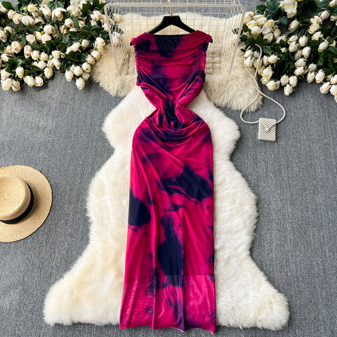 Elegant Tie-dye Pleated Vest Dress