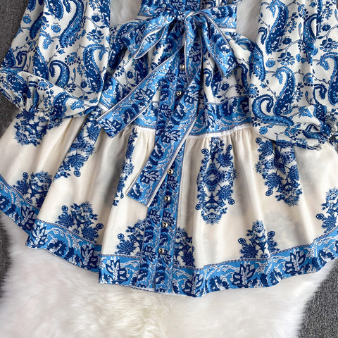 Courtly Floral Long-sleeve Ruffled Dress