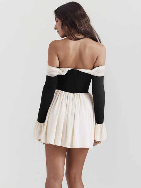 Off-shoulder Bow Color Blocking Dress