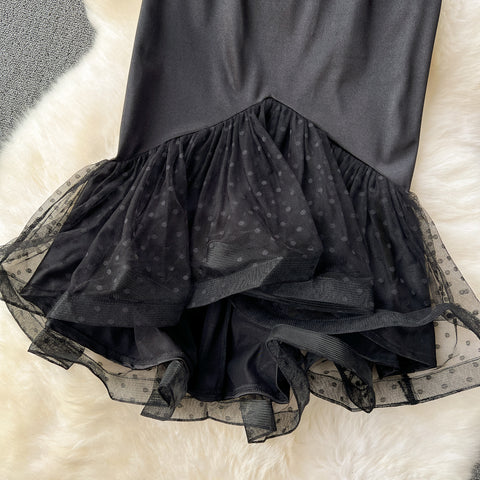 Polka Dot Ruffled Black Mesh Skirt