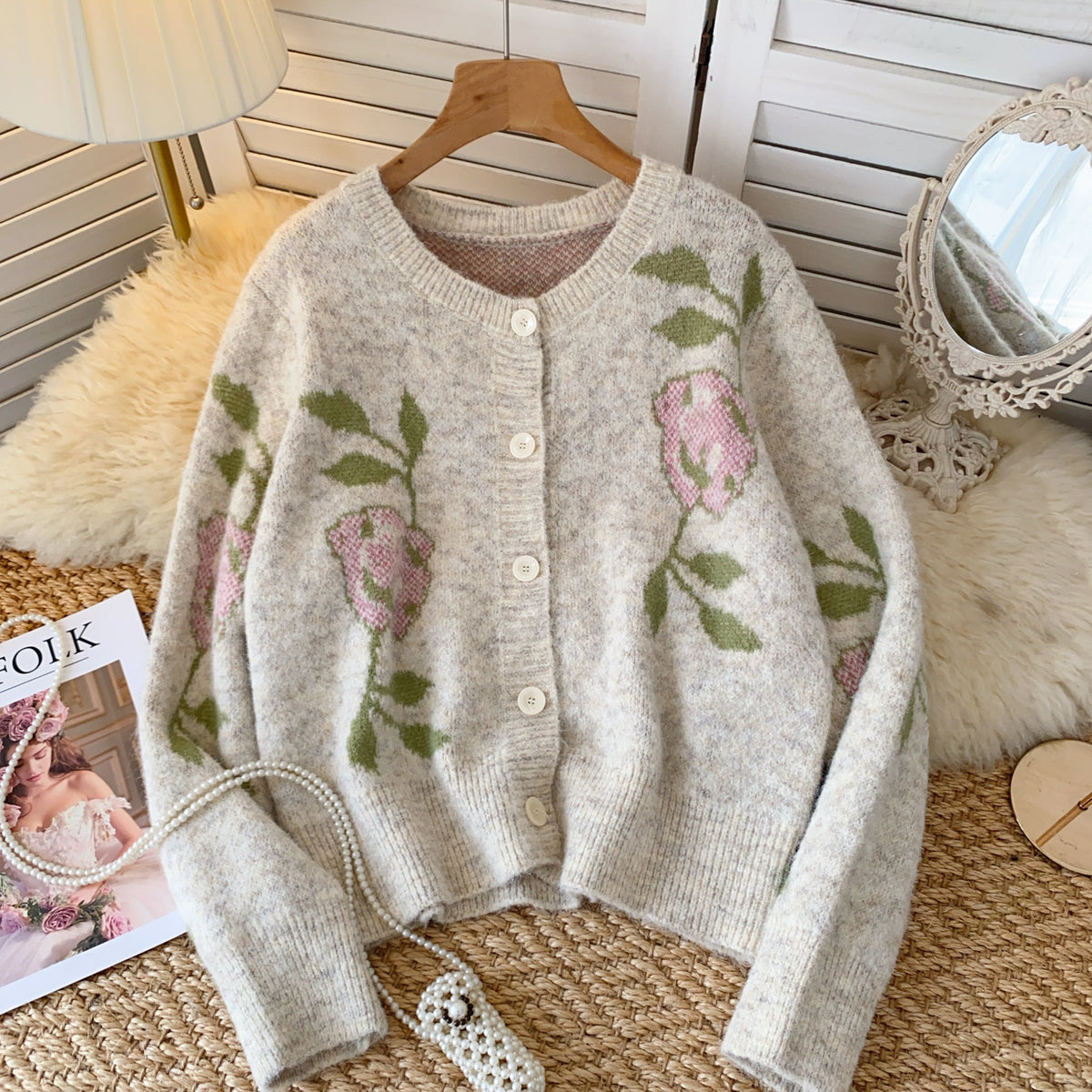 Round Neck Embroidered Buckle Cardigan