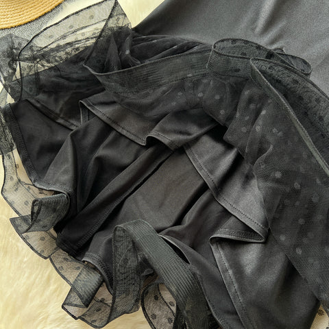 Polka Dot Ruffled Black Mesh Skirt