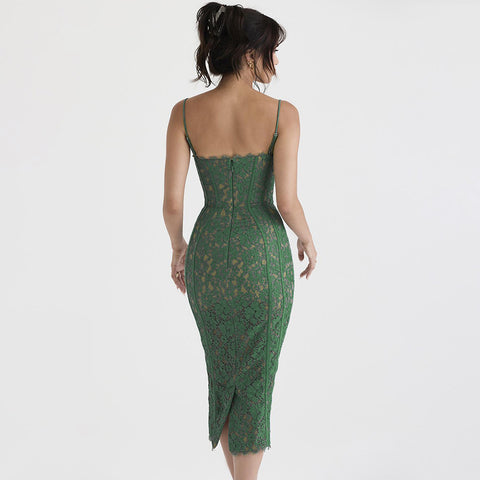 Embroidered Green Lace Slip Dress