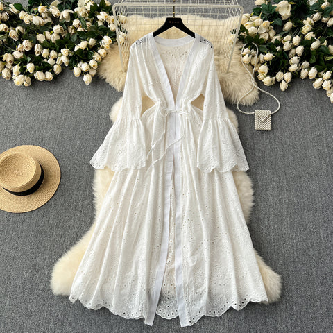 Hollowed Embroidered White Cardigan Dress
