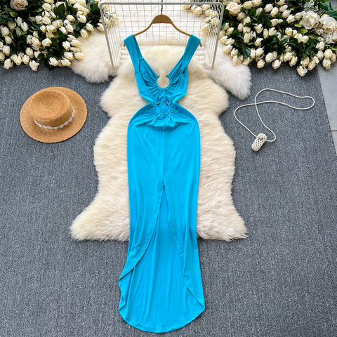 Niche Hollowed Solid Color Slip Dress