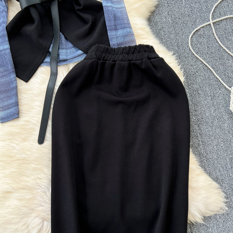 Patchwork Mesh Top&Black Skirt 3Pcs