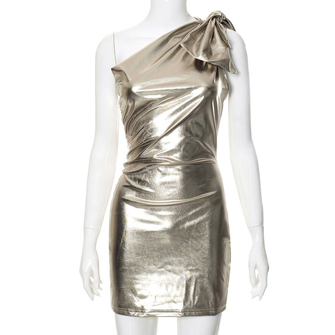 Slant Neckline Glossy One-shoulder Dress