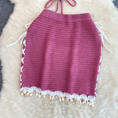 Fringed Halter Top&Skirt Knitted 2Pcs