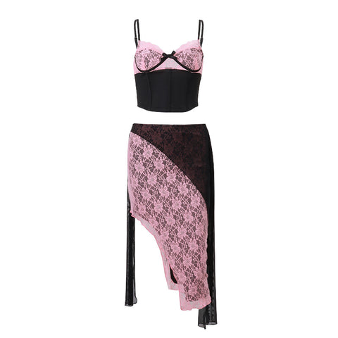 Color Blocking Camisole&Skirt Lace 2Pcs