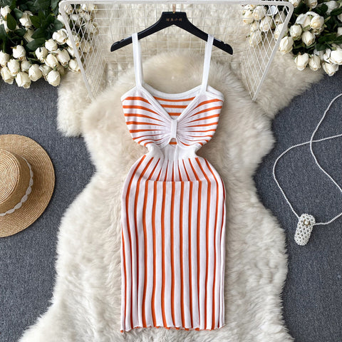 Hollowed Twisted Striped Knitted Slip Dress