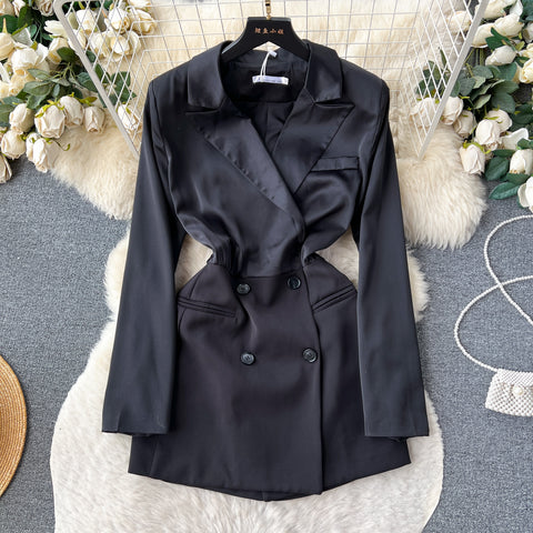 Double-breasted Waist-slimming PU Suit Dress
