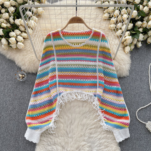 Colourful Striped Hollowed Fringed Knitwear
